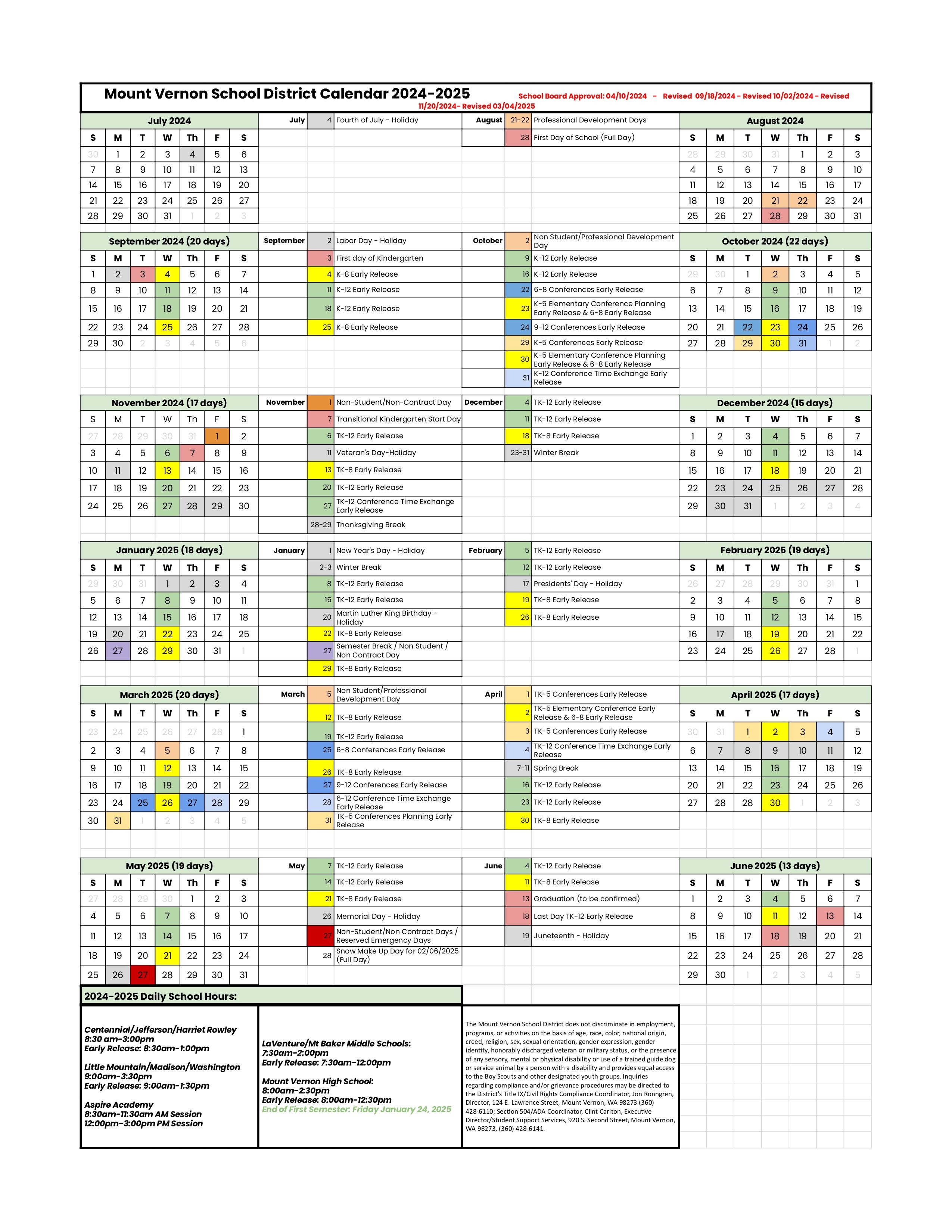 Updated MVSD Calendar 2024-2025